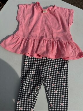 Tucker & Tate Pink Ruffle Peplum Top with Black Gingham Daisy Leggings